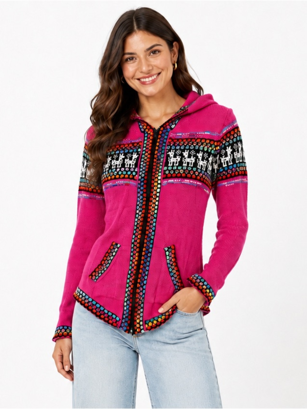 Andean Treasures Peru Pink Llama Hooded Sweater Fair‎ Isle Boho Artisan Knit